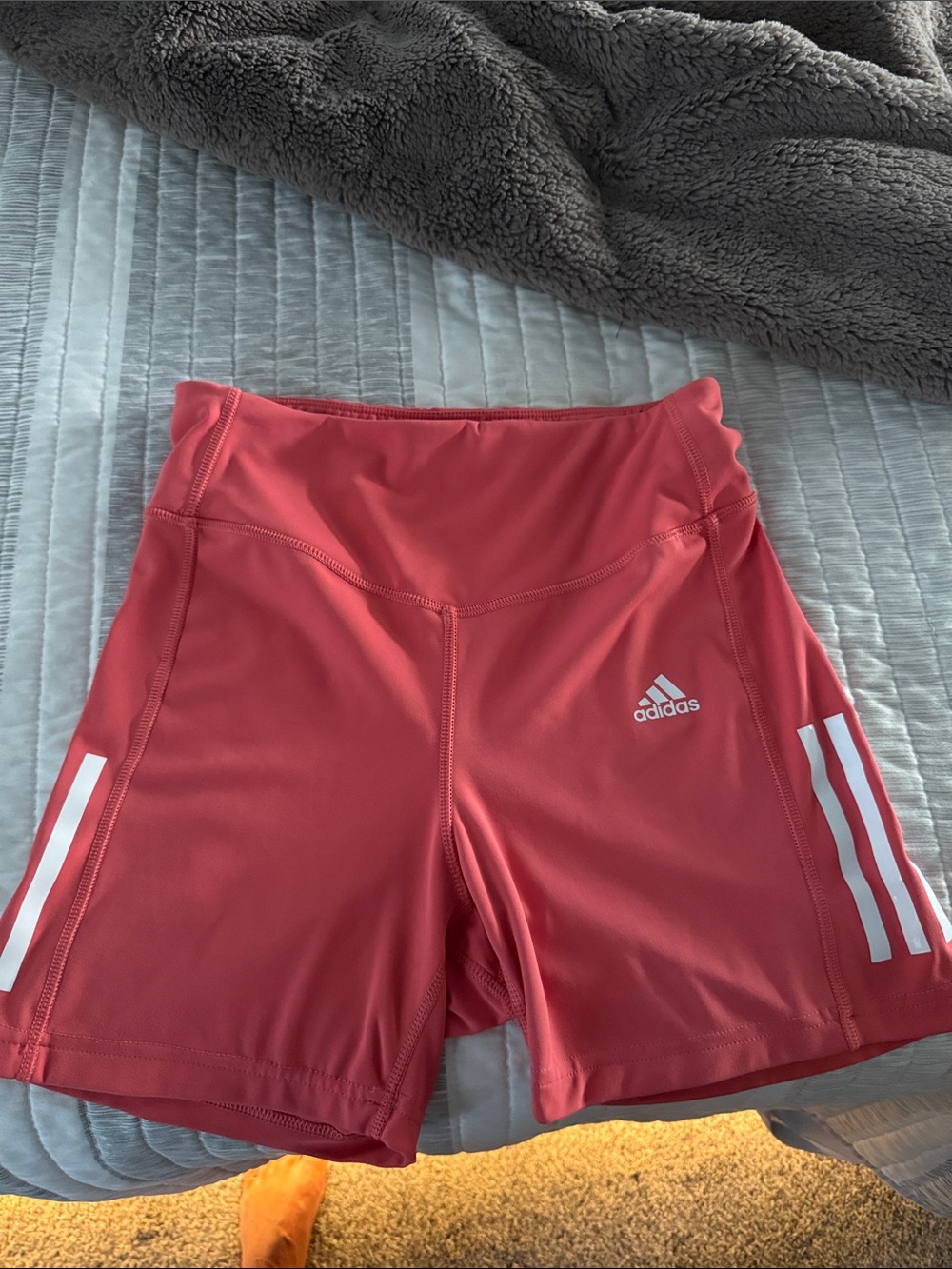 adidas Coral Pink High-Rise Bike Shorts with White Stripes